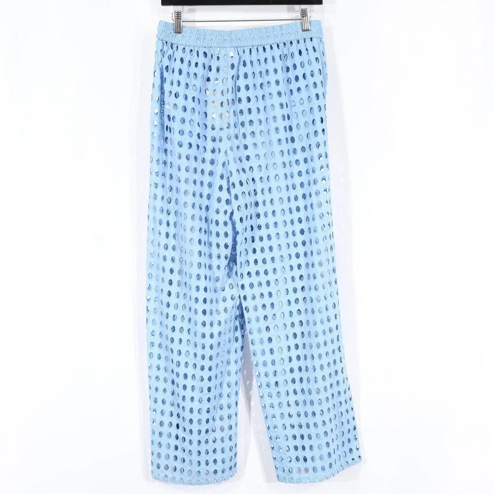Dotti Swim Cover Up Pants Womens M Blue Cotton Eyelet Boho Beach Wide Leg $68NWD
